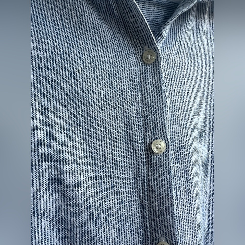 Weatherproof Vintage Washable Linen Striped Button Tie Hem Top Size S Lagenlook - Picture 2 of 8